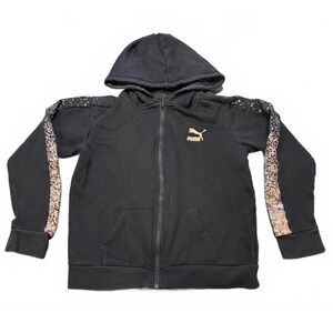 PUMA Kids XL(16) Full Zip Hoodie Black Gold Accents Sporty Athleisure Sweatshirt